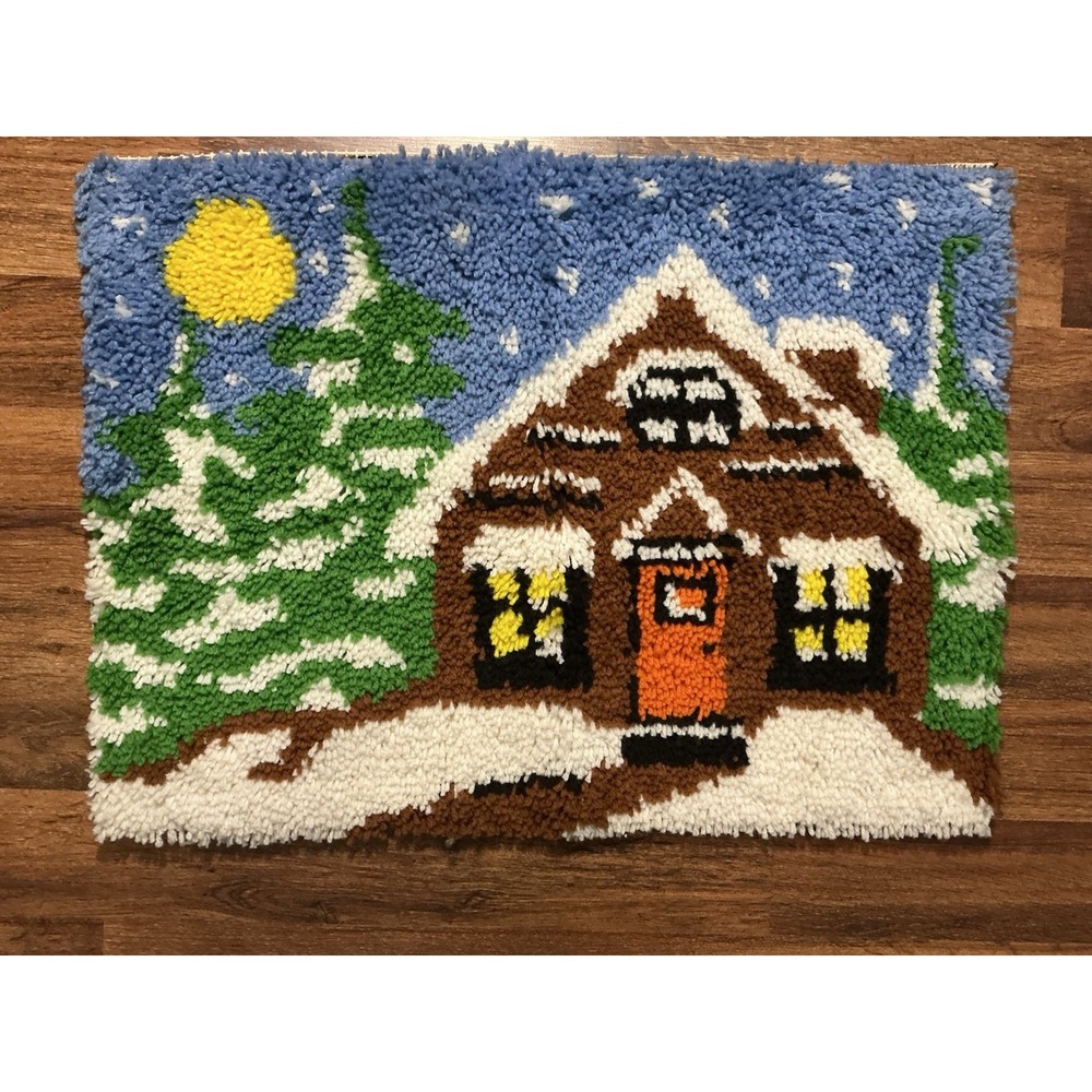 Vintage 70's Winter House Scene Latch Hook Rug Wall Hanging Decor 27" X 20"